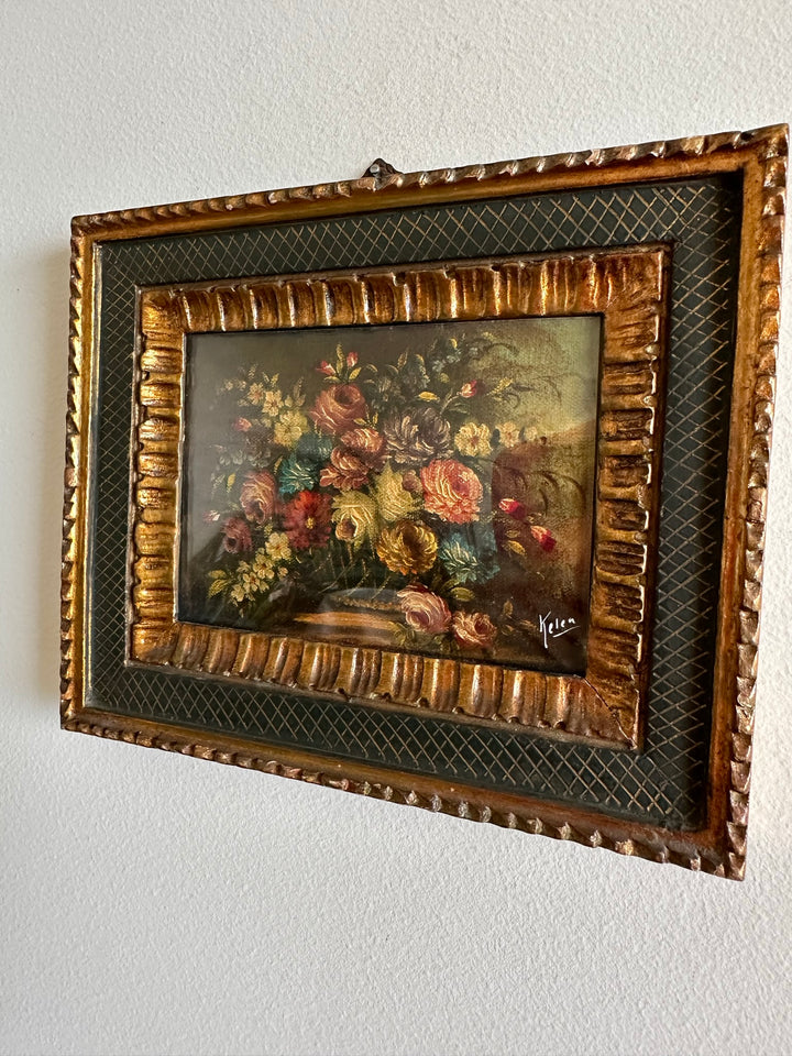 Peintures bouquets de fleurs encadrement vert et or travaillé