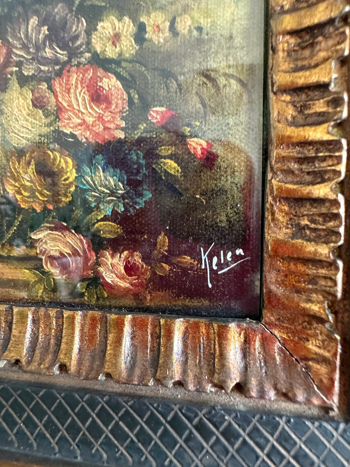 Peintures bouquets de fleurs encadrement vert et or travaillé