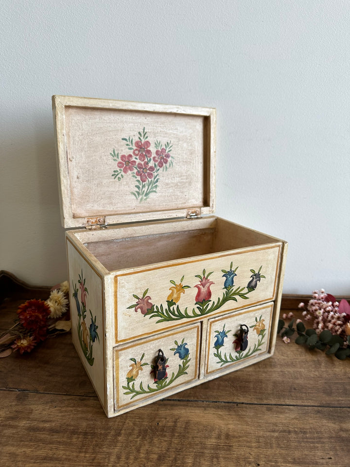 Coffret à bijoux en bois et stuc peint à la main 2 tiroirs