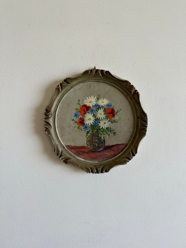 Peinture bouquet de fleurs cadre rond en bois