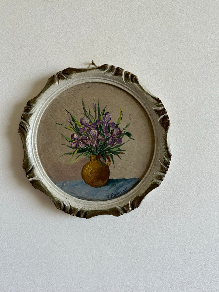 Peinture bouquet de fleurs cadre rond en bois