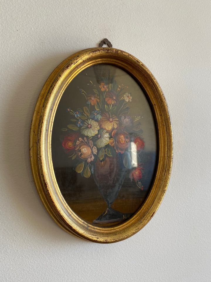 Peinture bouquet de fleurs sous verre cadre doré ovale en bois