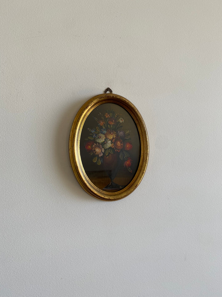 Peinture bouquet de fleurs sous verre cadre doré ovale en bois