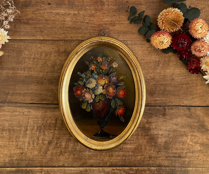 Peinture bouquet de fleurs sous verre cadre doré ovale en bois