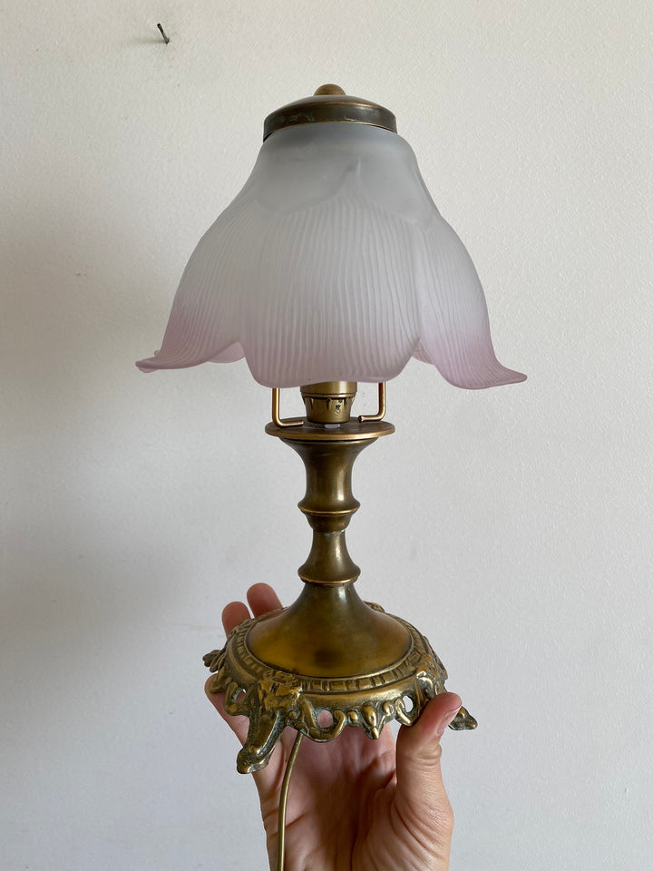 Lampe de chevet socle en laiton et abat jour fleur