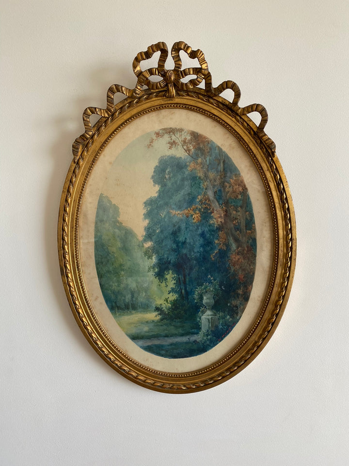 Aquarelle tons bleus dans grand cadre doré style Louis XVI