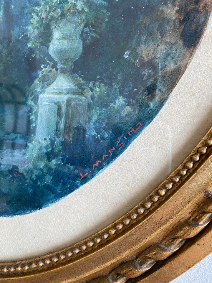Aquarelle tons bleus dans grand cadre doré style Louis XVI