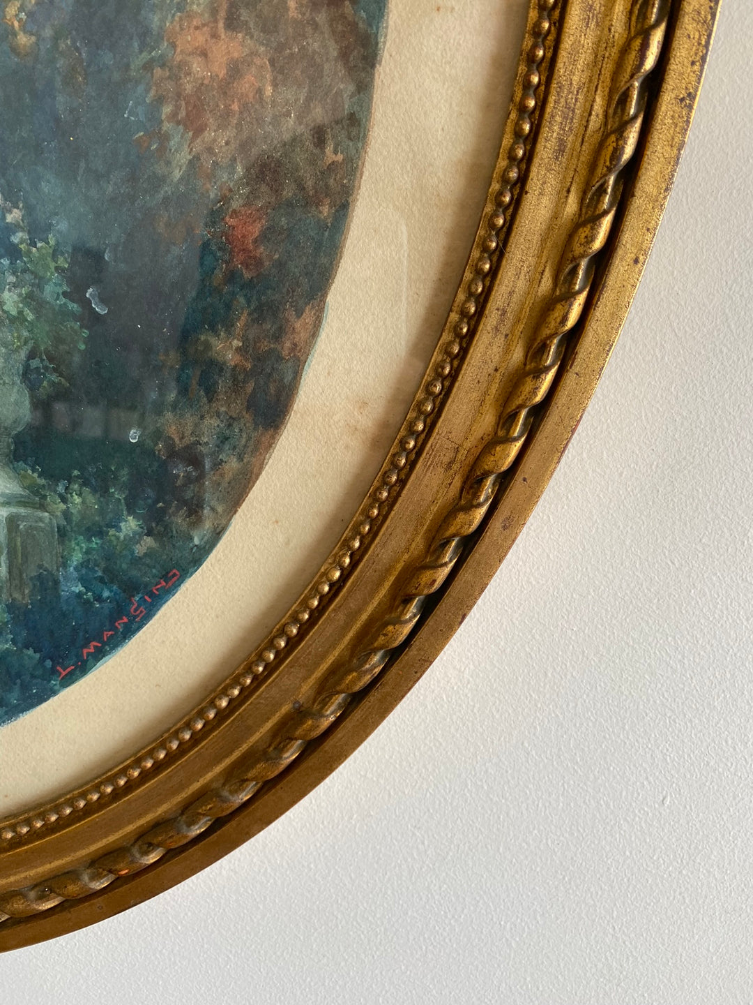 Aquarelle tons bleus dans grand cadre doré style Louis XVI