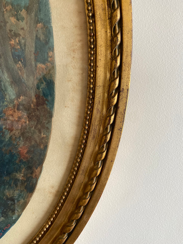 Aquarelle tons bleus dans grand cadre doré style Louis XVI