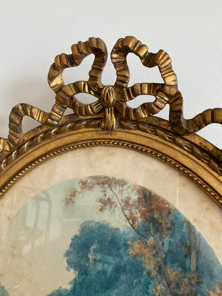 Aquarelle tons bleus dans grand cadre doré style Louis XVI
