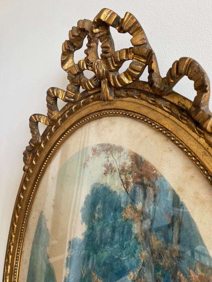 Aquarelle tons bleus dans grand cadre doré style Louis XVI