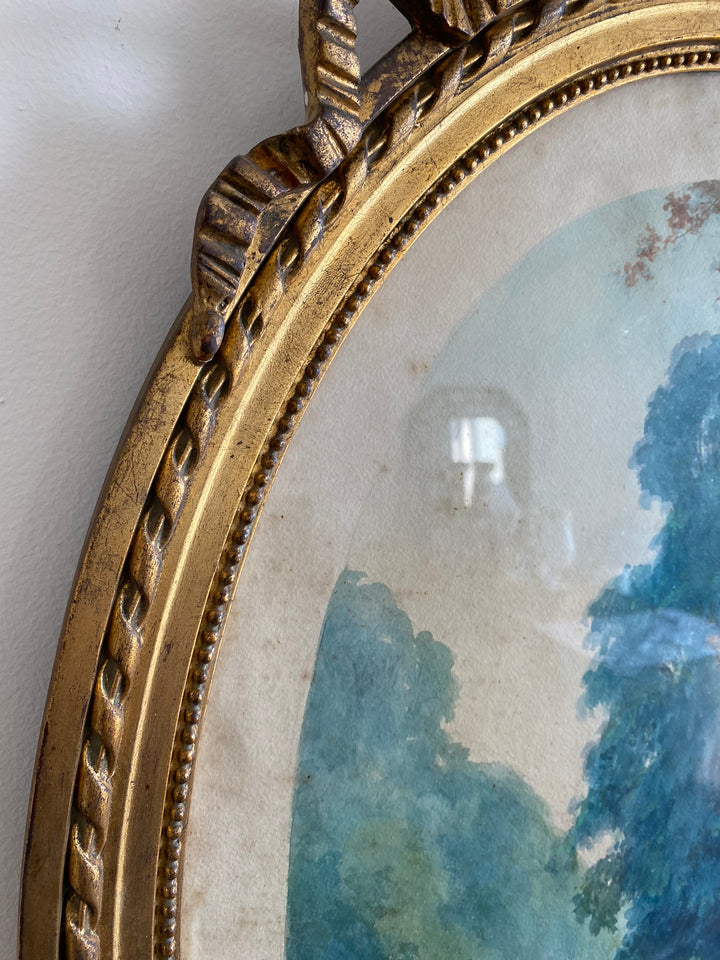 Aquarelle tons bleus dans grand cadre doré style Louis XVI