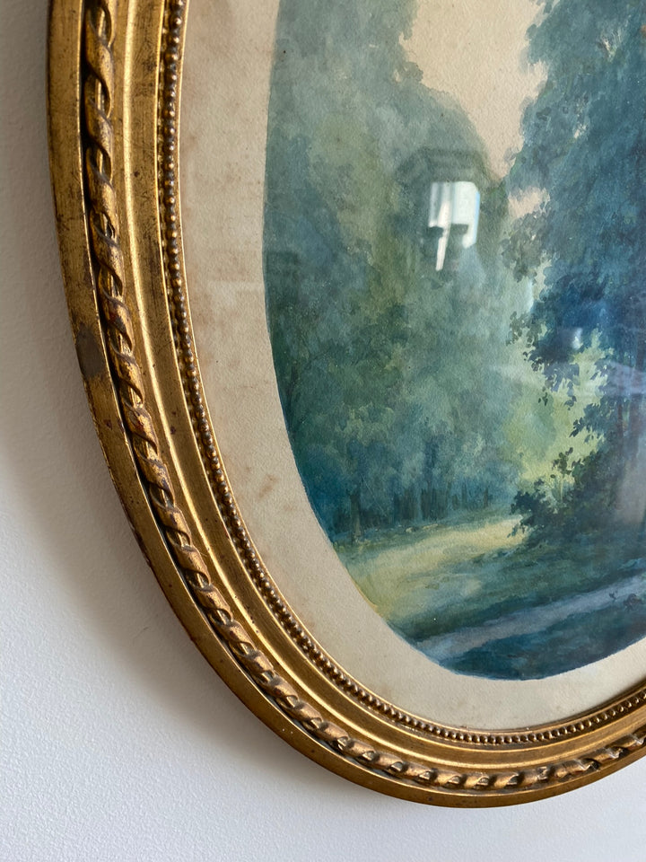 Aquarelle tons bleus dans grand cadre doré style Louis XVI