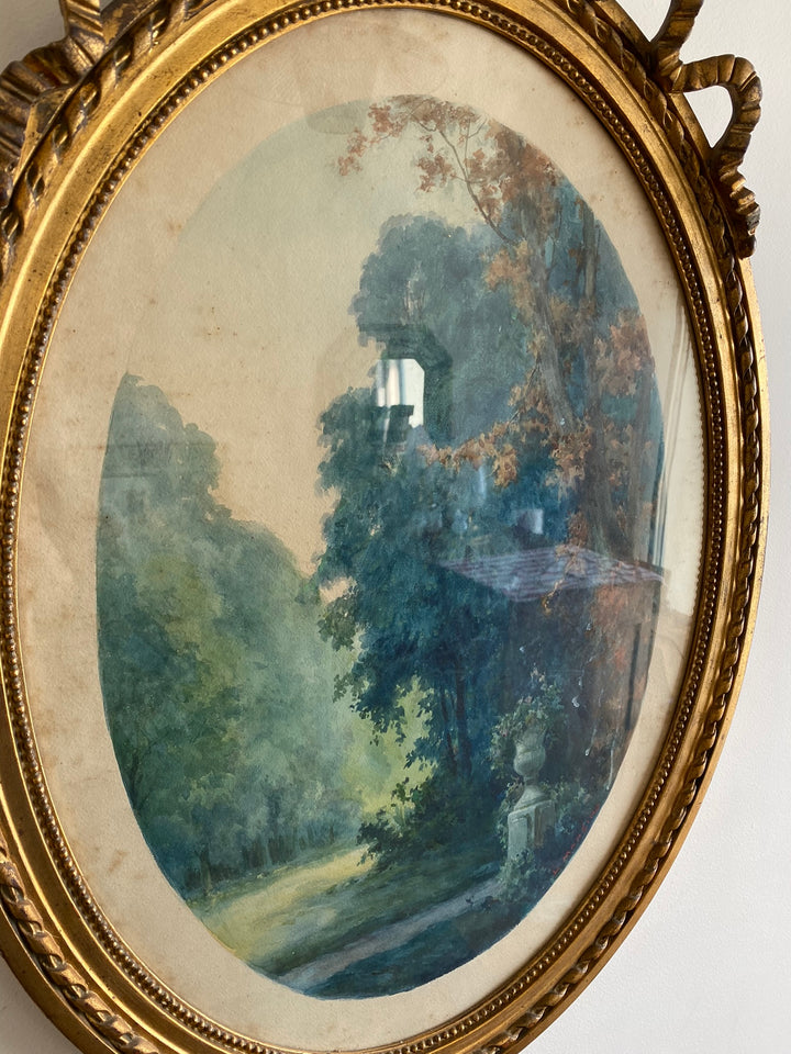 Aquarelle tons bleus dans grand cadre doré style Louis XVI