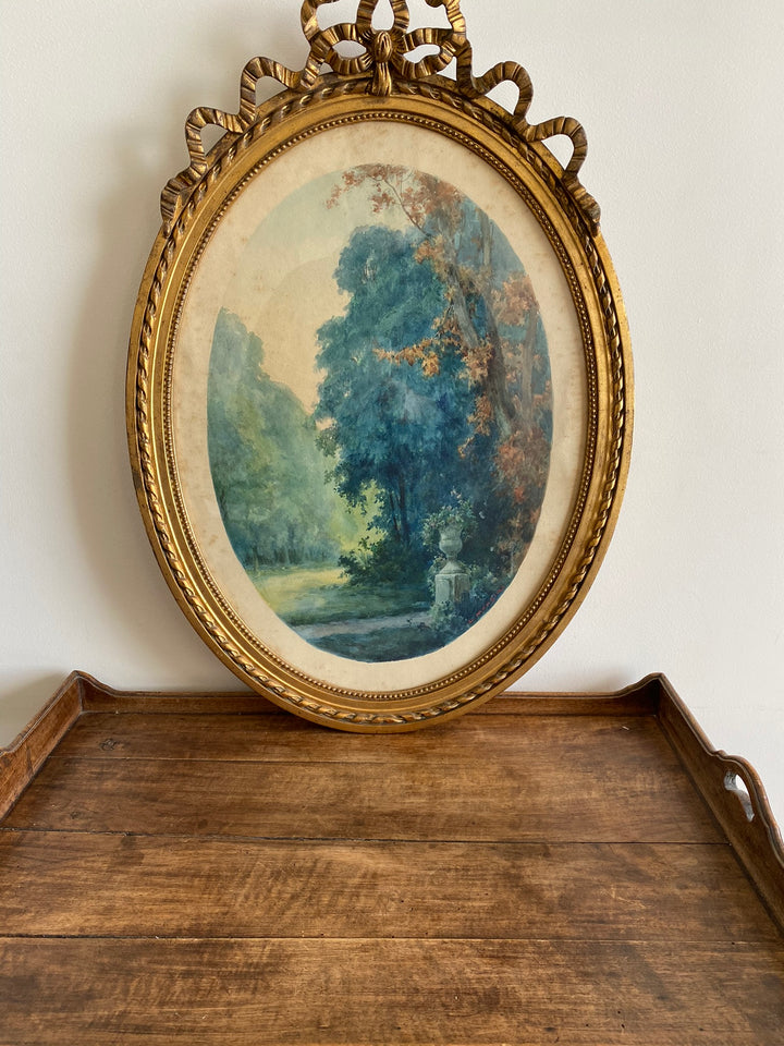 Aquarelle tons bleus dans grand cadre doré style Louis XVI