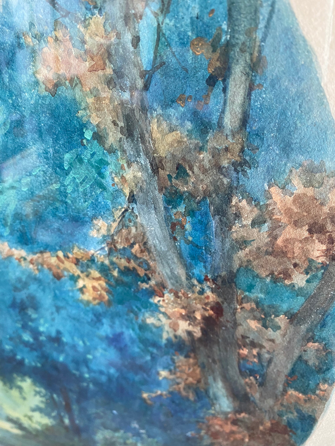 Aquarelle tons bleus dans grand cadre doré style Louis XVI
