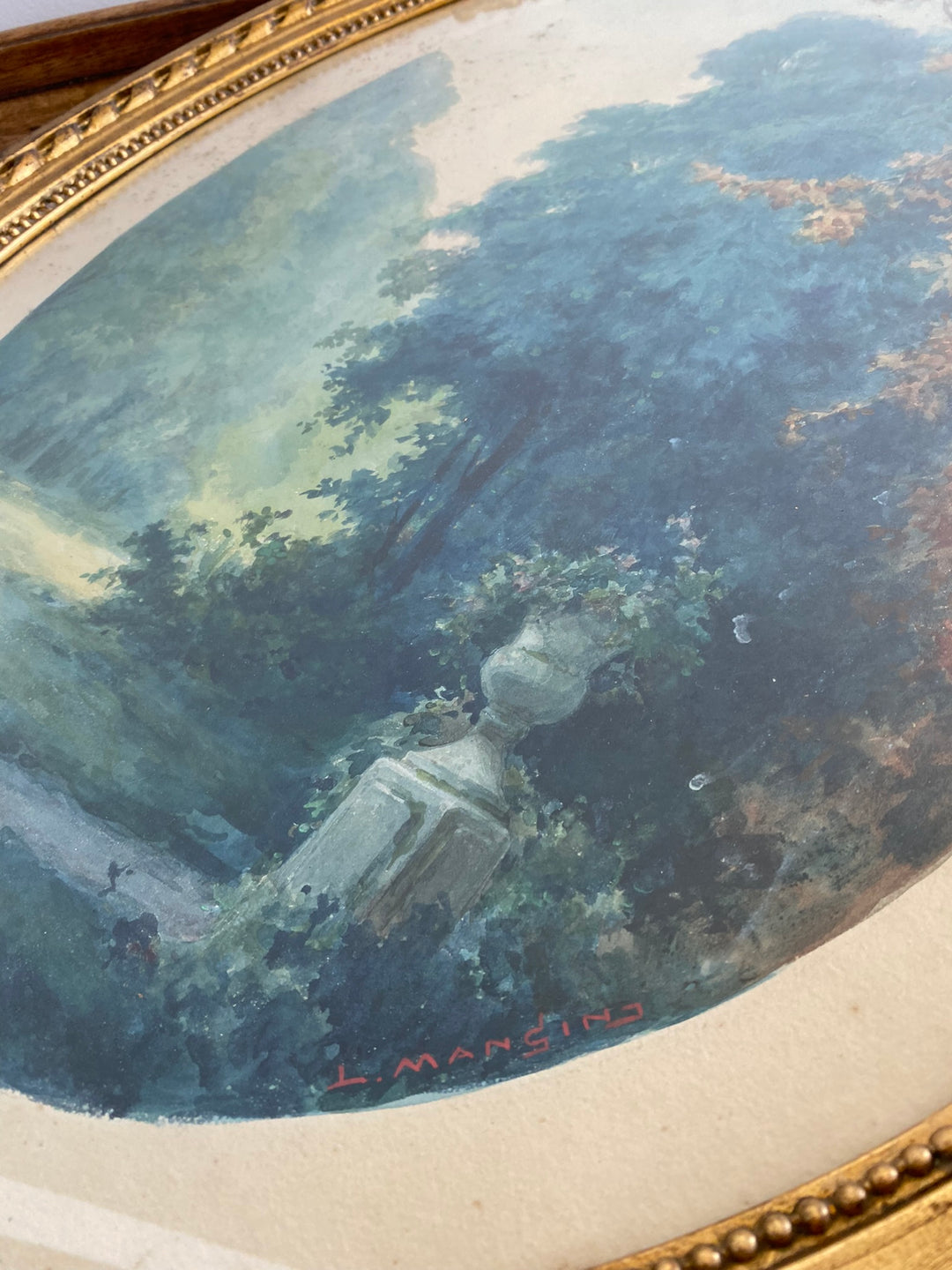 Aquarelle tons bleus dans grand cadre doré style Louis XVI