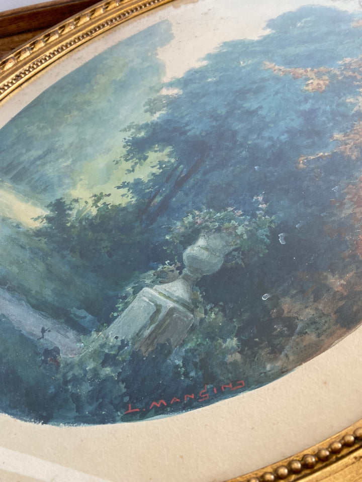 Aquarelle tons bleus dans grand cadre doré style Louis XVI