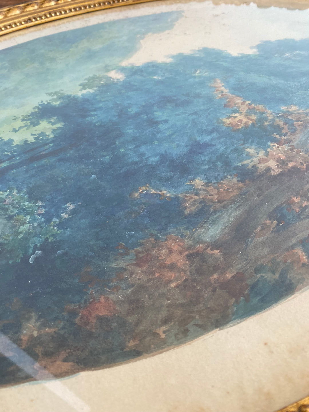 Aquarelle tons bleus dans grand cadre doré style Louis XVI