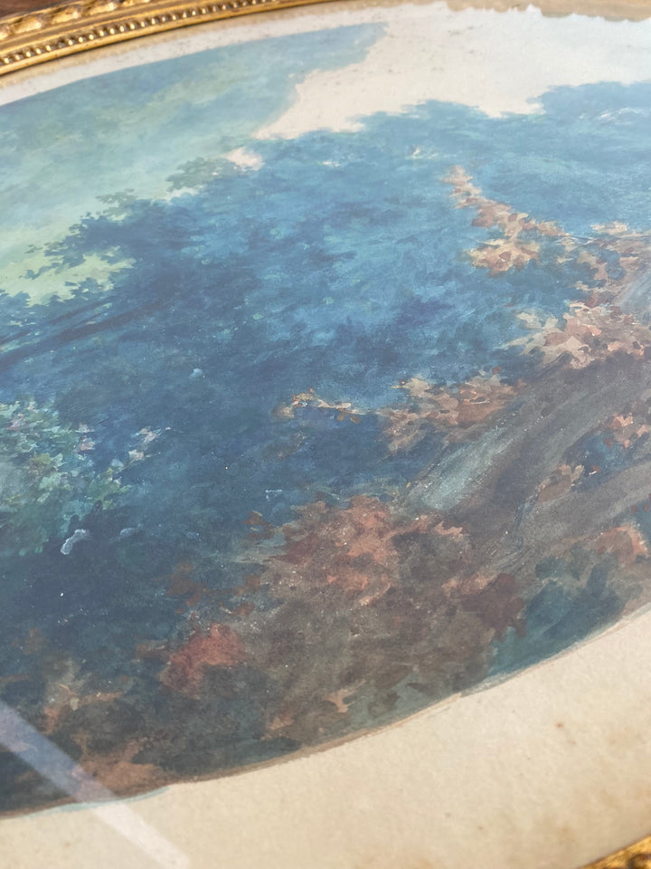 Aquarelle tons bleus dans grand cadre doré style Louis XVI