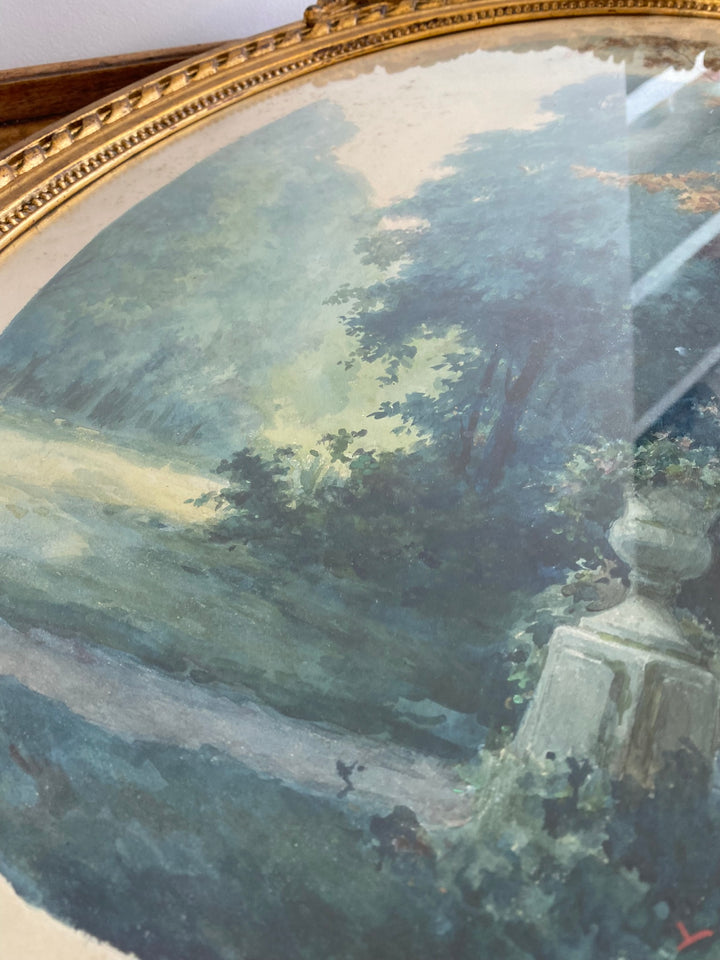 Aquarelle tons bleus dans grand cadre doré style Louis XVI