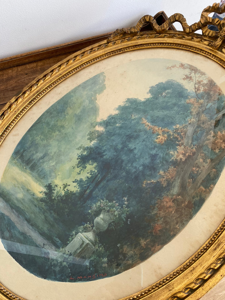 Aquarelle tons bleus dans grand cadre doré style Louis XVI