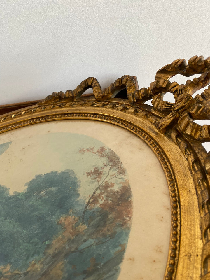 Aquarelle tons bleus dans grand cadre doré style Louis XVI