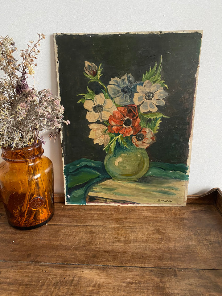 Peinture sur planche représentant un bouquet de fleurs dans son vase