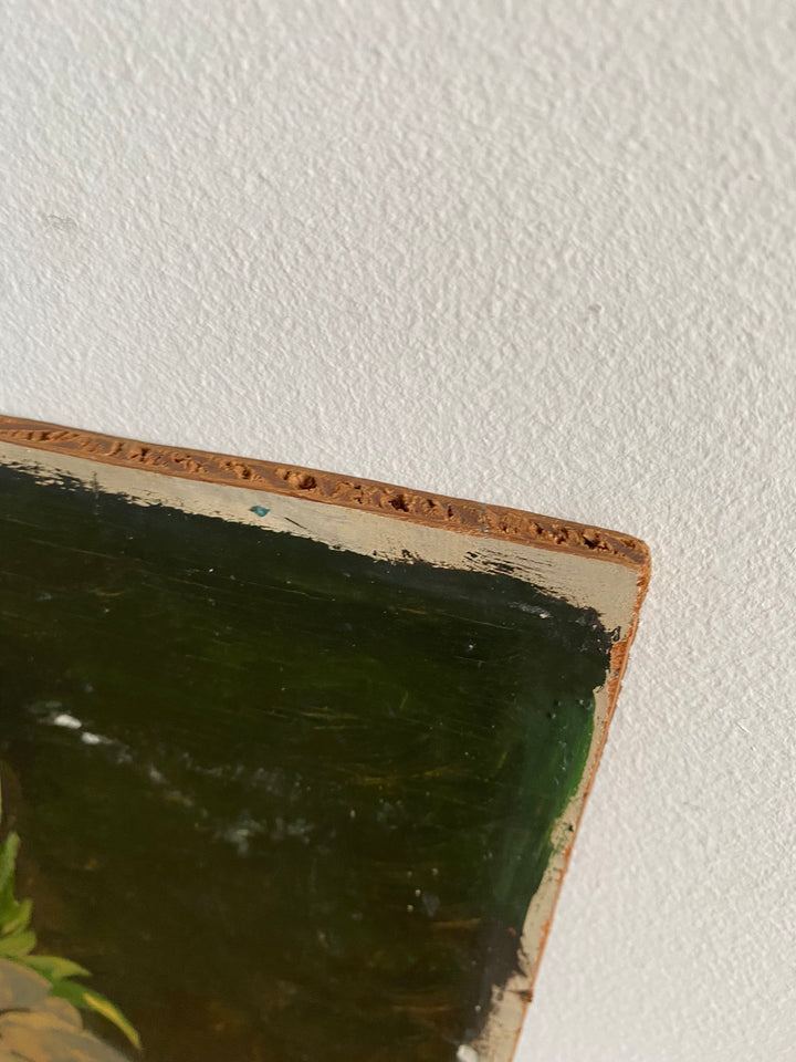 Peinture sur planche représentant un bouquet de fleurs dans son vase