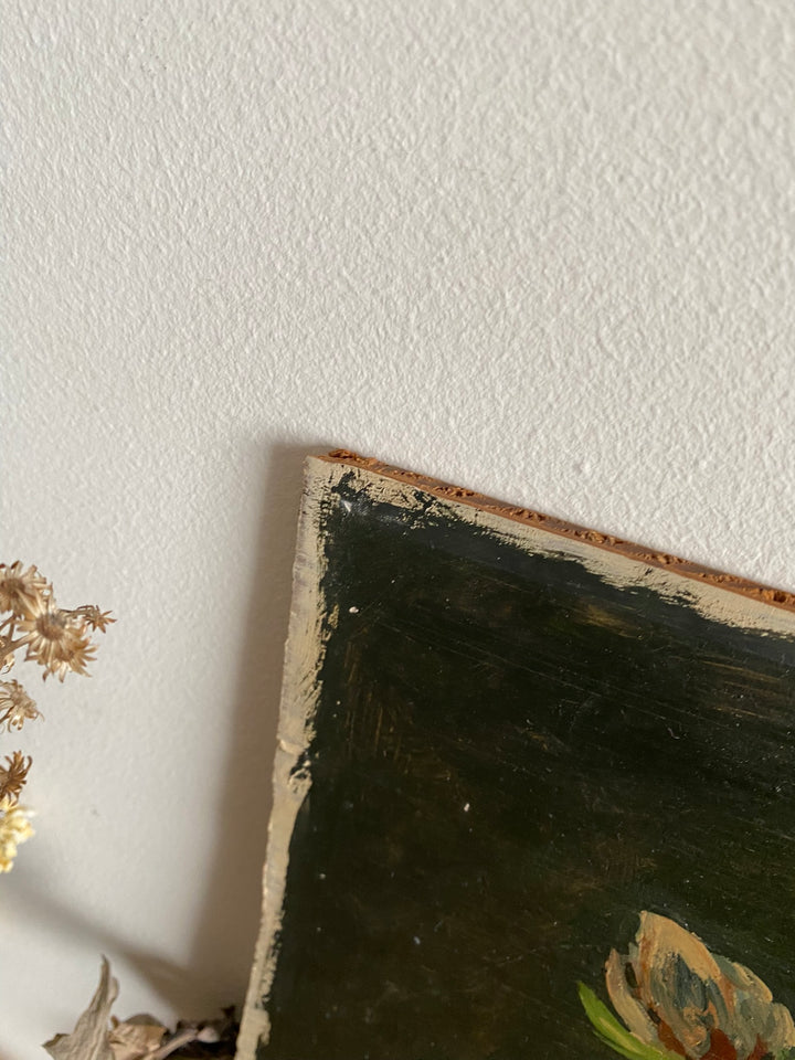 Peinture sur planche représentant un bouquet de fleurs dans son vase