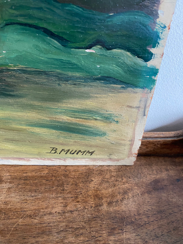 Peinture sur planche représentant un bouquet de fleurs dans son vase