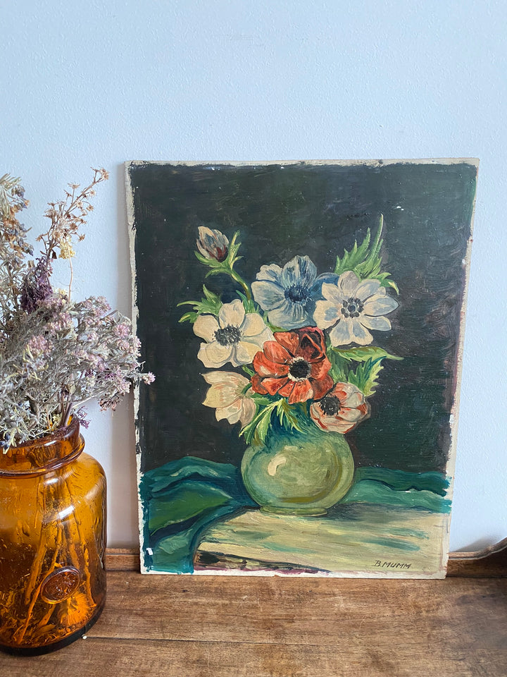 Peinture sur planche représentant un bouquet de fleurs dans son vase