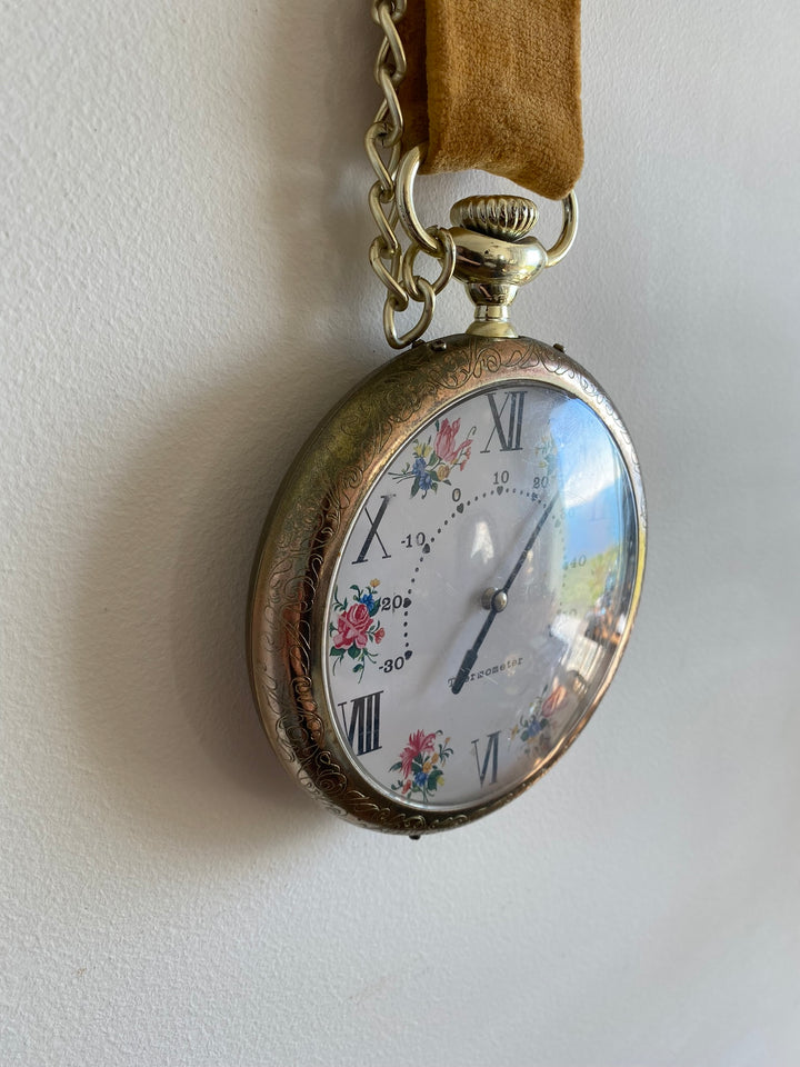Thermomètre rétro style montre à gousset ruban en velour moutarde