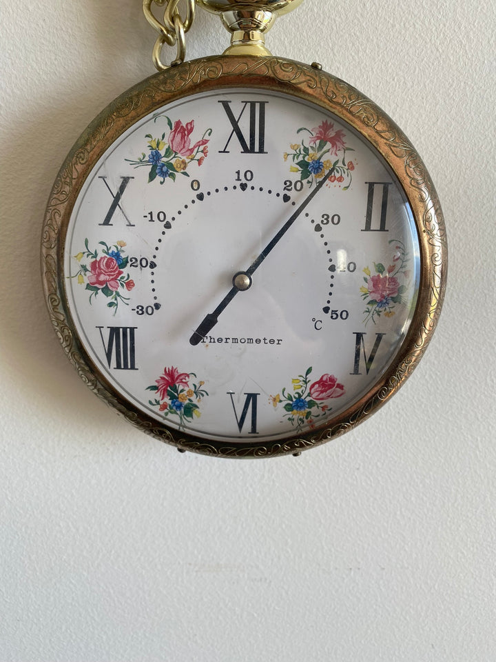 Thermomètre rétro style montre à gousset ruban en velour moutarde