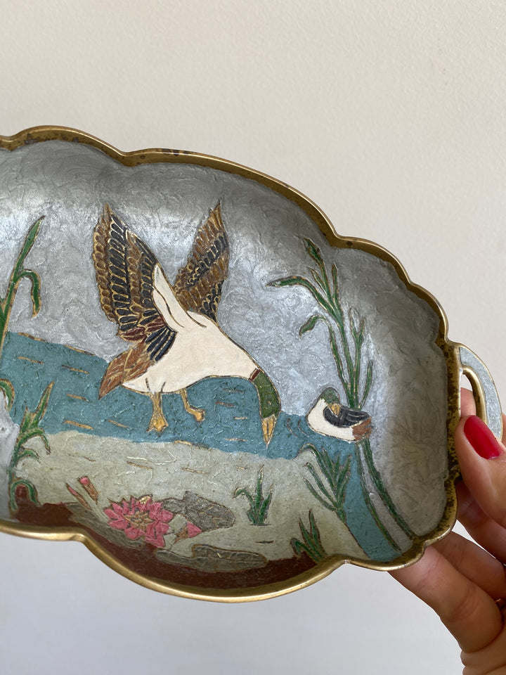 Coupelle en laiton émaillé motifs canards et roseaux