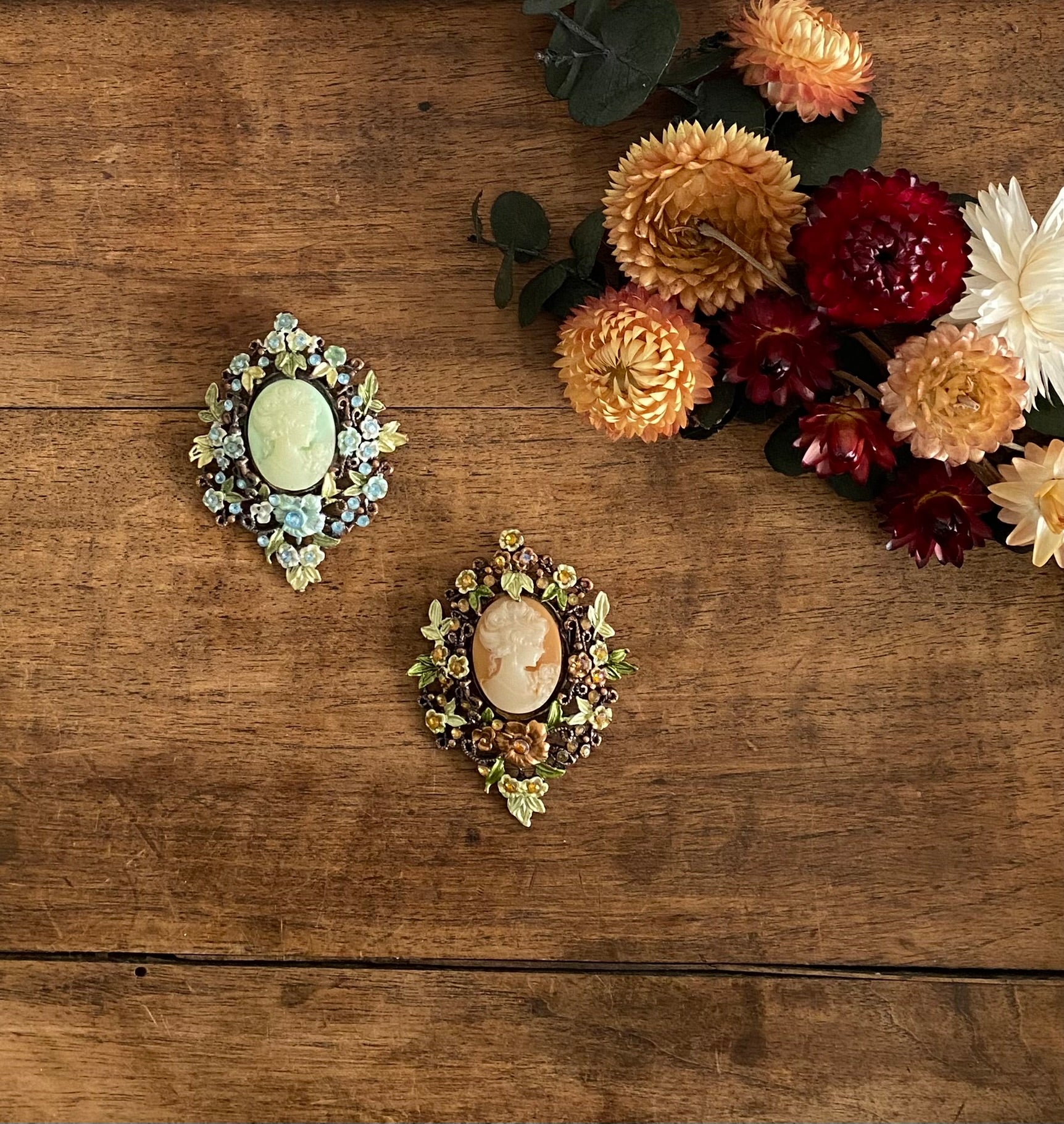 Broche Camée Damart - Plastique Imitation Ambre - Couleurs Vintage - Occasion