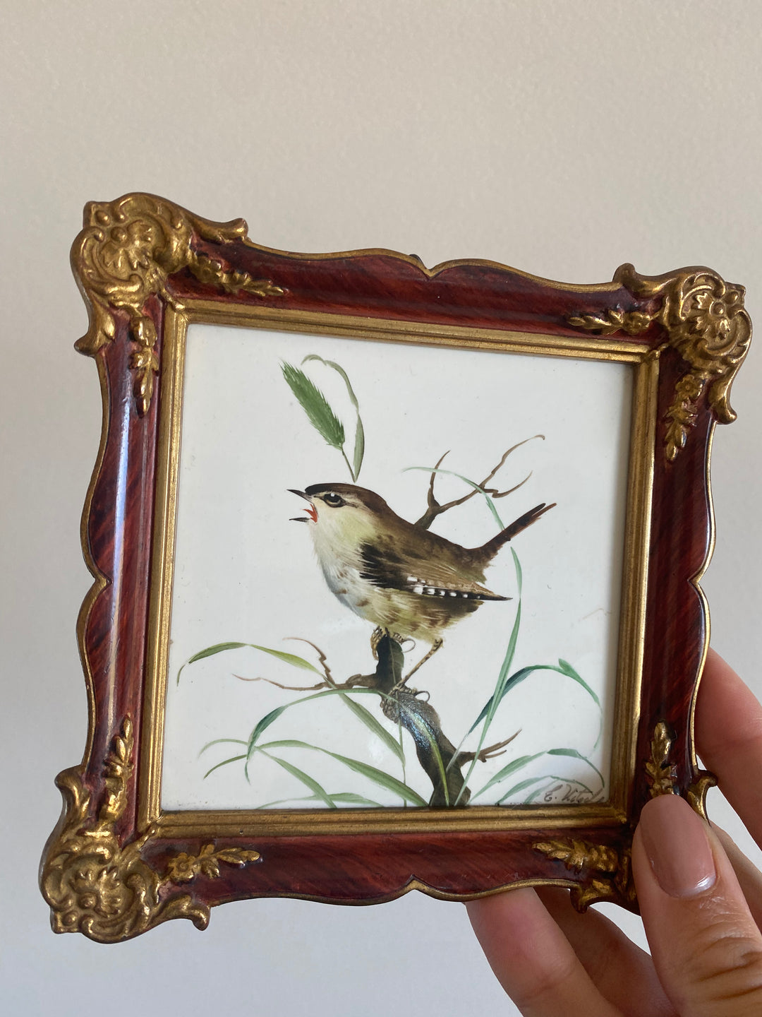 Oiseau peint sur porcelaine encadré signé