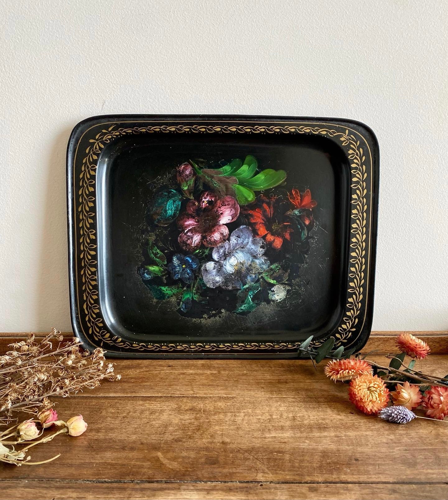 GRAND PLATEAU RUSSE RUSSIE 60 x 46 métal peint main laqué DECOR FLORAL DN2743 EUR 60,00 - FR