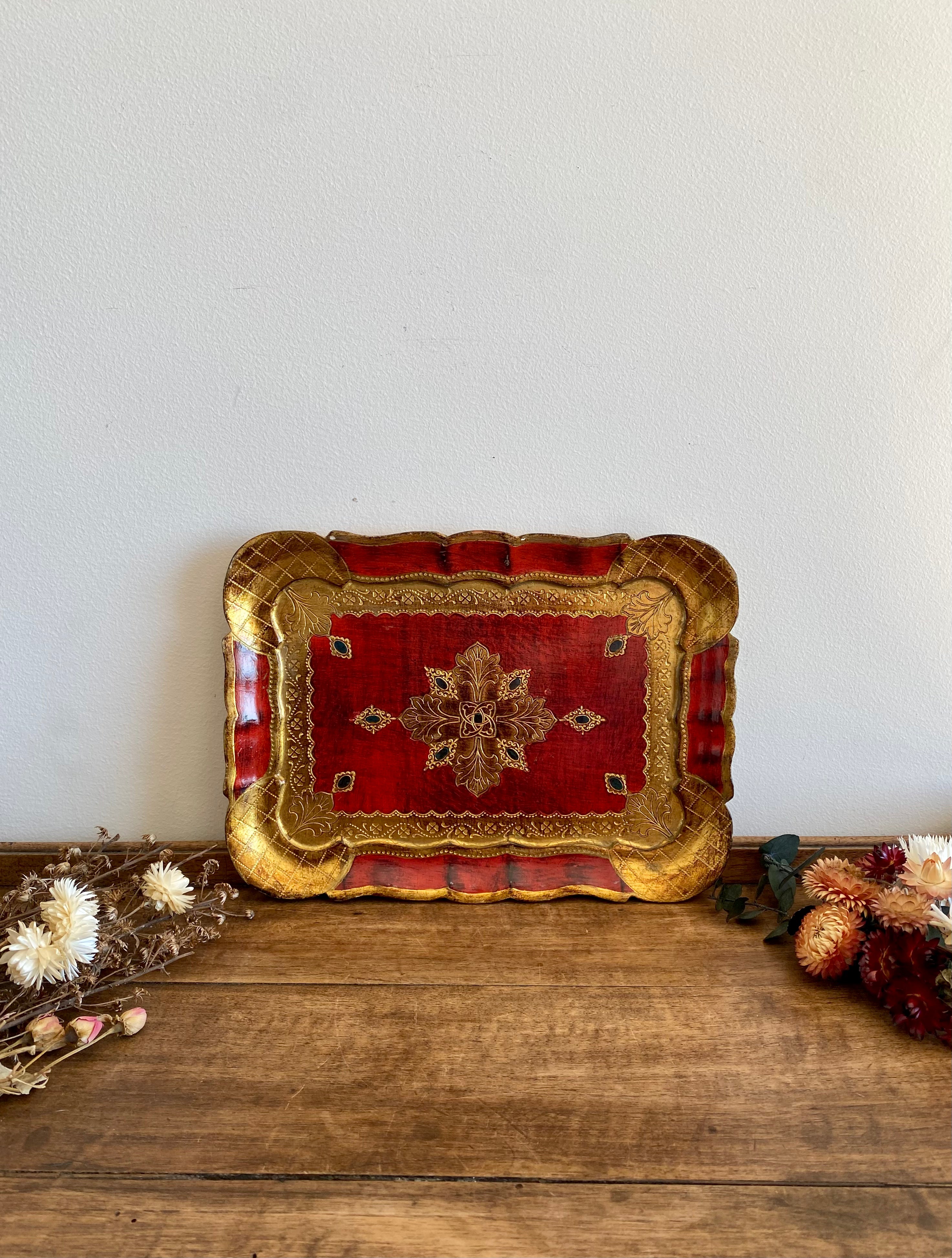 Plateau Vénitien Vero Legno - Florence Italie - Doré Et Rouge - Longueur 43 Cm