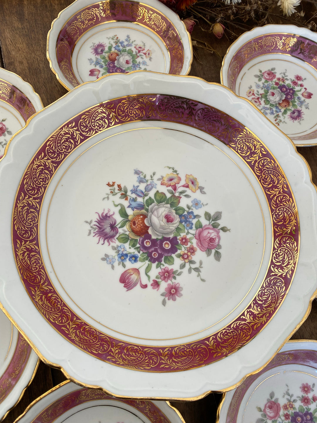 Service à dessert en porcelaine Bavaria vieux rose