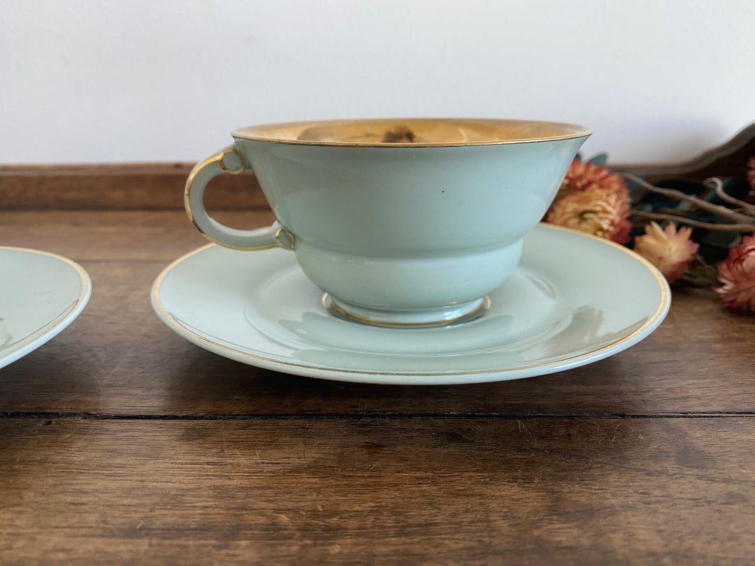 Tasses et soucoupes Pirkenhammer Czechoslovakia vert clair et or