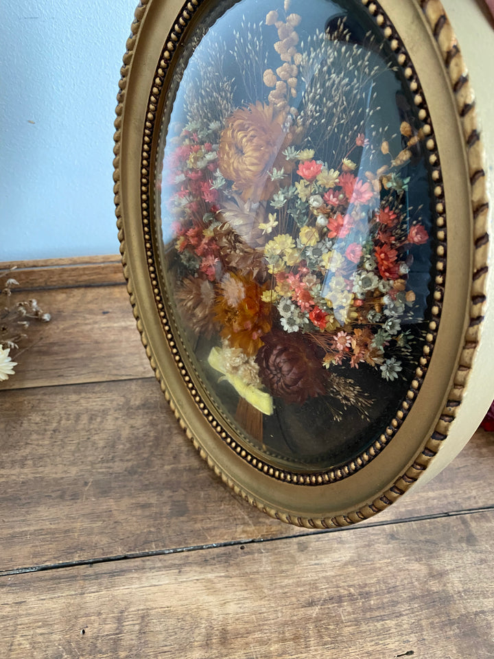 Fleurs séchées encadrée sur fond noir et verre bombé