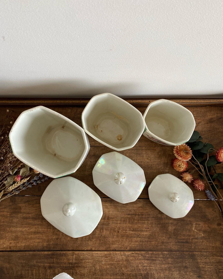 Pots de cuisine décoratifs à motifs fleuris en faïence signés Czechoslovakia.