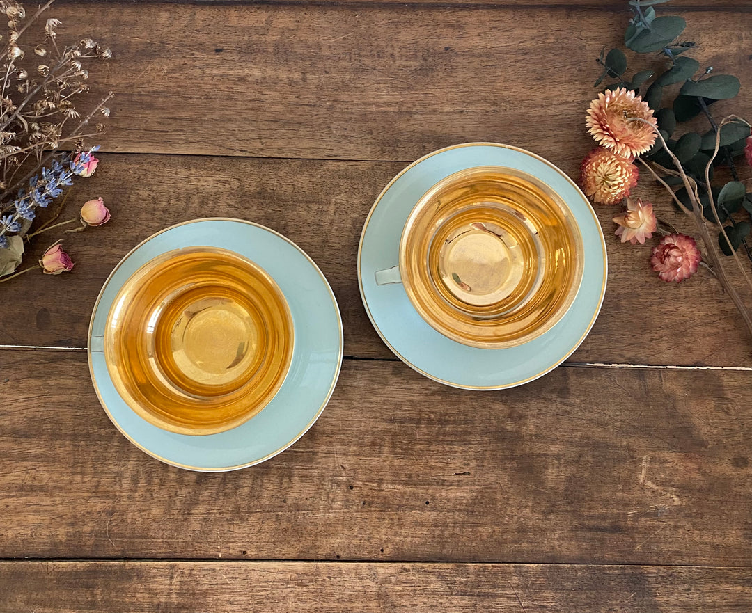 Tasses et soucoupes Pirkenhammer Czechoslovakia vert clair et or