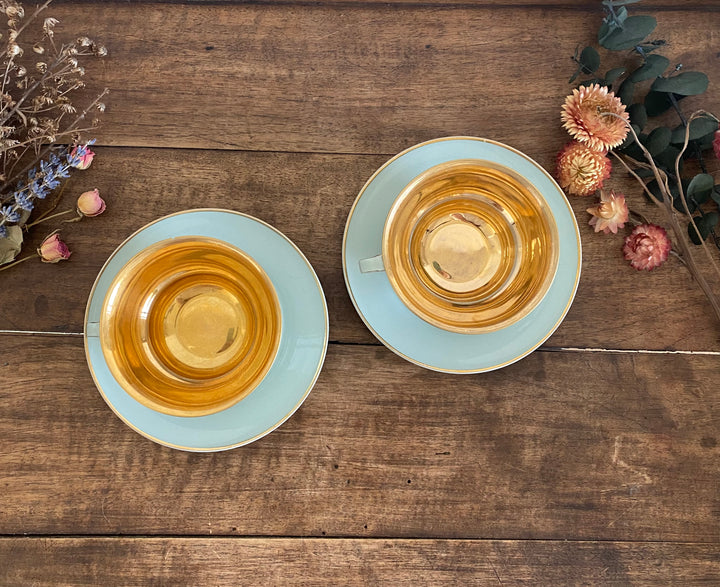 Tasses et soucoupes Pirkenhammer Czechoslovakia vert clair et or