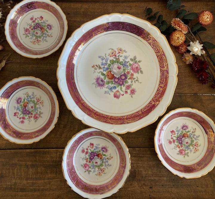 Service à dessert en porcelaine Bavaria vieux rose
