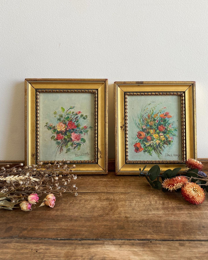 Peintures à l’huile bouquets de fleurs encadrement en bois
