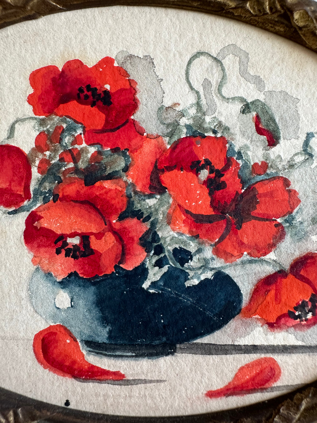 Aquarelle coquelicot signée dans cadre ovale en bronze 19ème