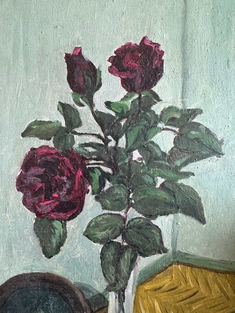Peinture signée bouquet de fleurs vase fin tons bleus