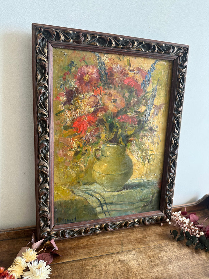 Peinture à l'huile signée Merlin bouquet de fleurs années 1940